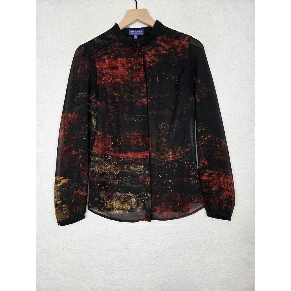 Vivienne Tam Blouse 4 Black Sheer Abstract Art Print Button Front Top Date Casua